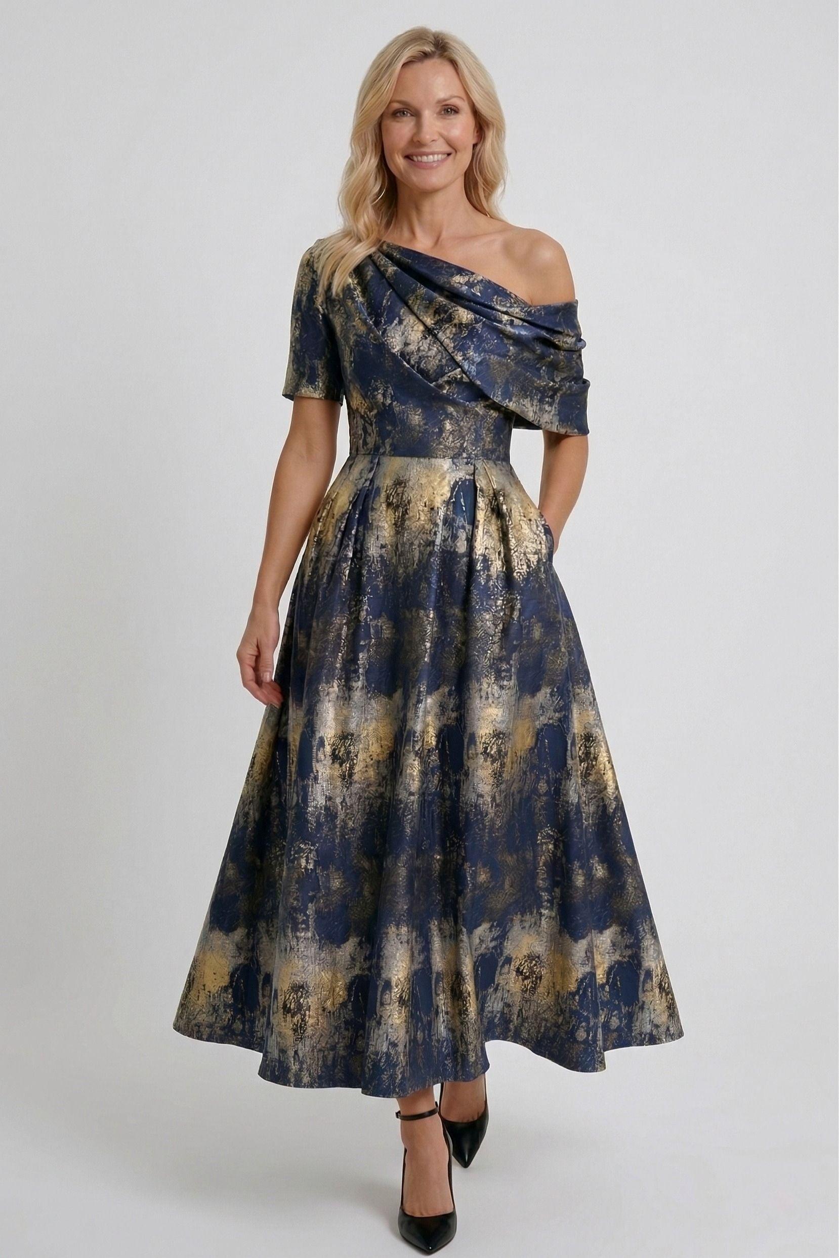 A-Line Tea-Length Jacquard Mother of the Bride Dress CM0428 - Dark Navy Floral - COCOMELODY